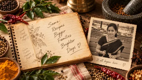 Editorial composite of a recipe notebook, spices and a framed proprietor portrait.