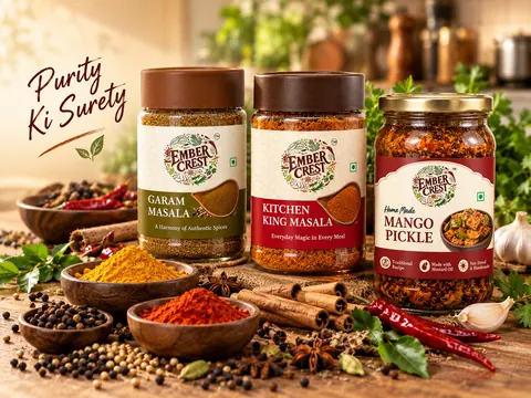 Ember Crest Garam Masala, Kitchen King Masala and Mango Pickle arranged with spices in a warm kitchen