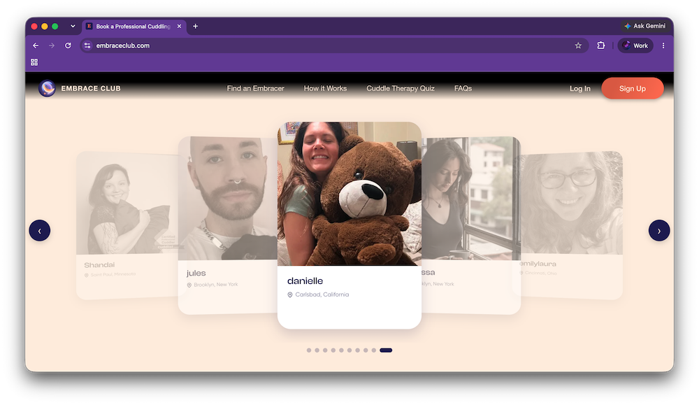 The Embrace Club website showing a carousel of Embracer profiles, each with a photo, first name, and location