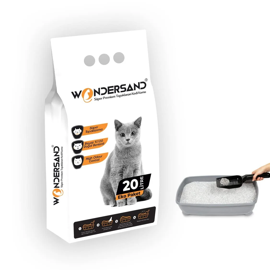 Wondersand Beyaz Bentonit İnce Tane Kokusuz Premium Kedi Kumu