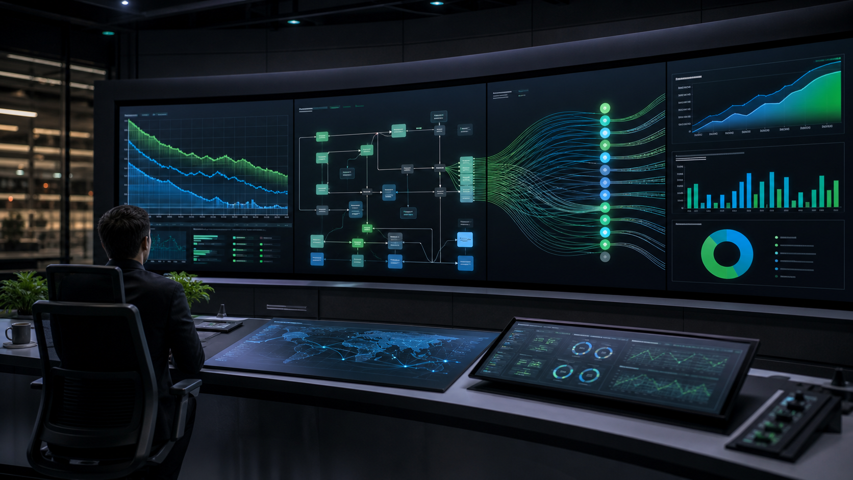Sala de control con dashboards de tokenomics, ROI y eficiencia operativa para automatizacion con IA