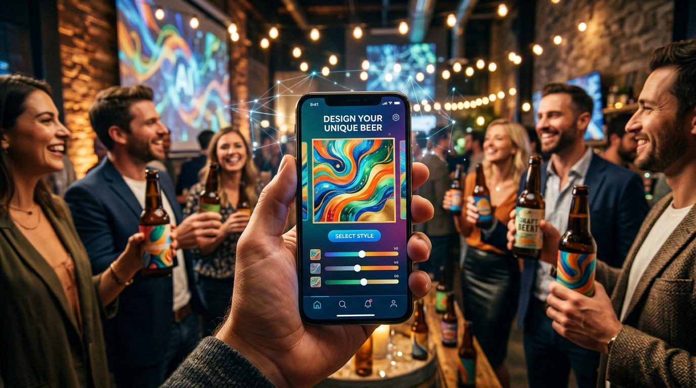Smartphone showing an AI-assisted branded design experience in a vibrant consumer campaign setting.