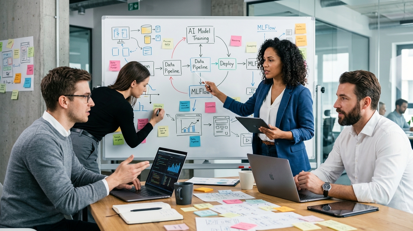 Cross-functional team collaborating around laptops and a whiteboard during an AI workshop.