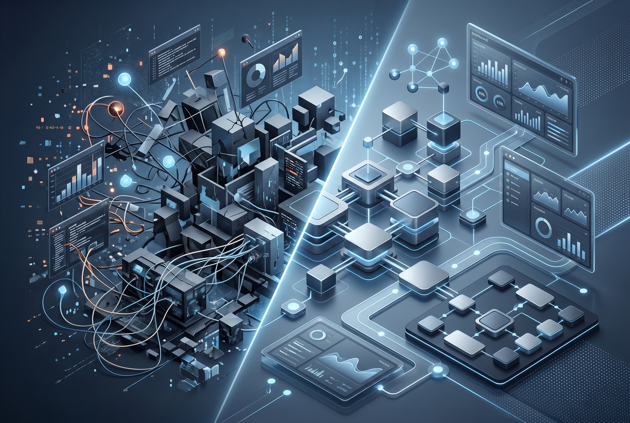 A split image showing a chaotic tangle of gears on one side and a perfectly integrated, single custom gear on the other, representing the choice between messy off-the-shelf software and a clean custom solution.