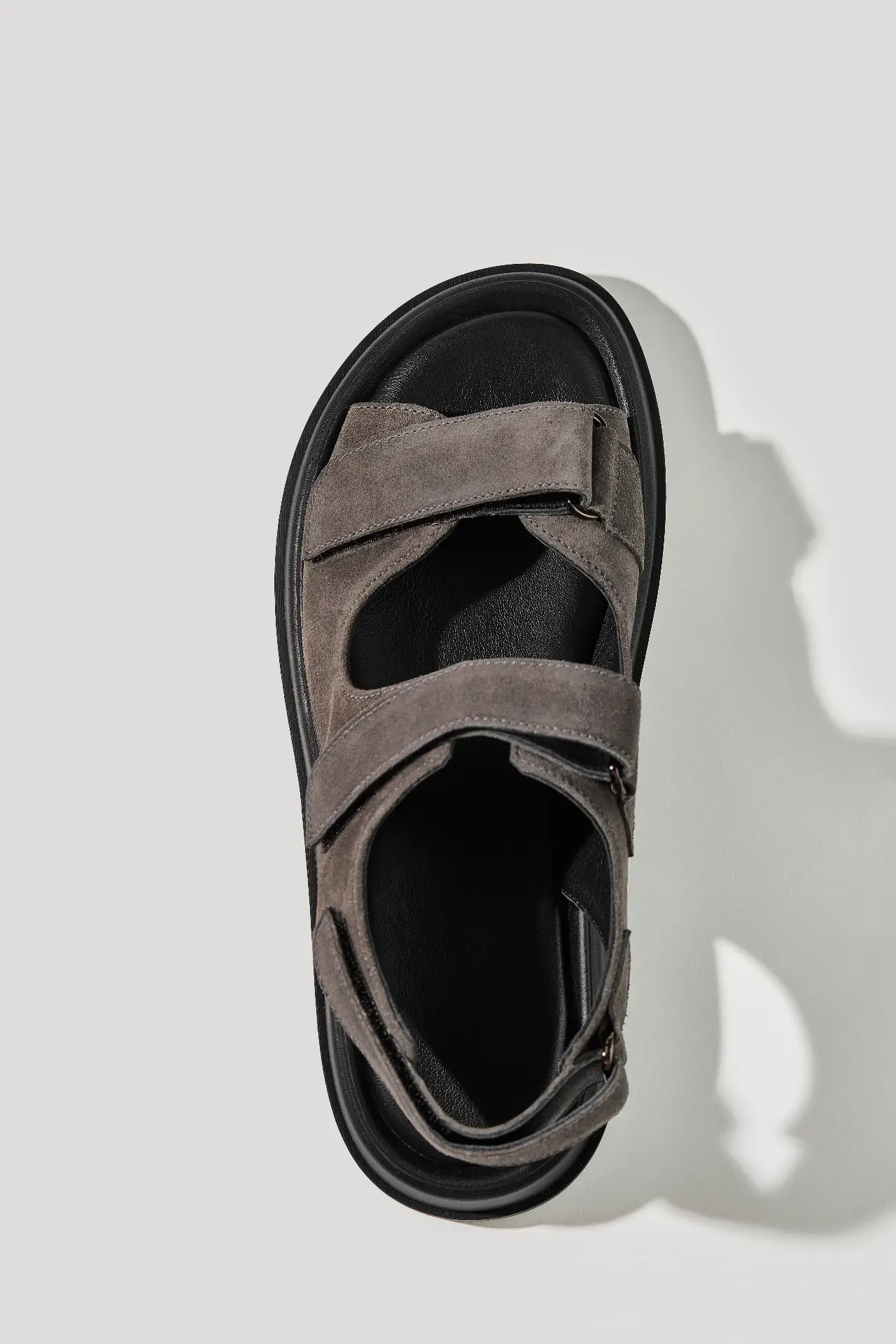 Graphite suede sandals with hook-and-loop straps