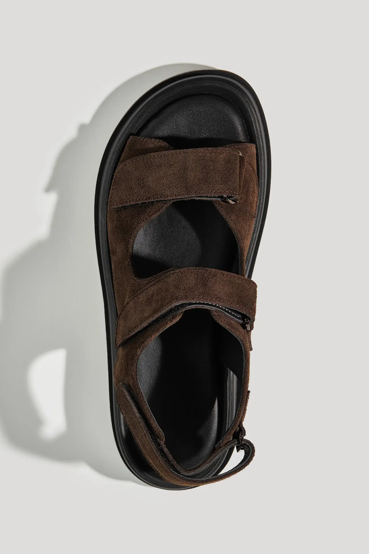 Chocolate suede sandals with hook-and-loop straps