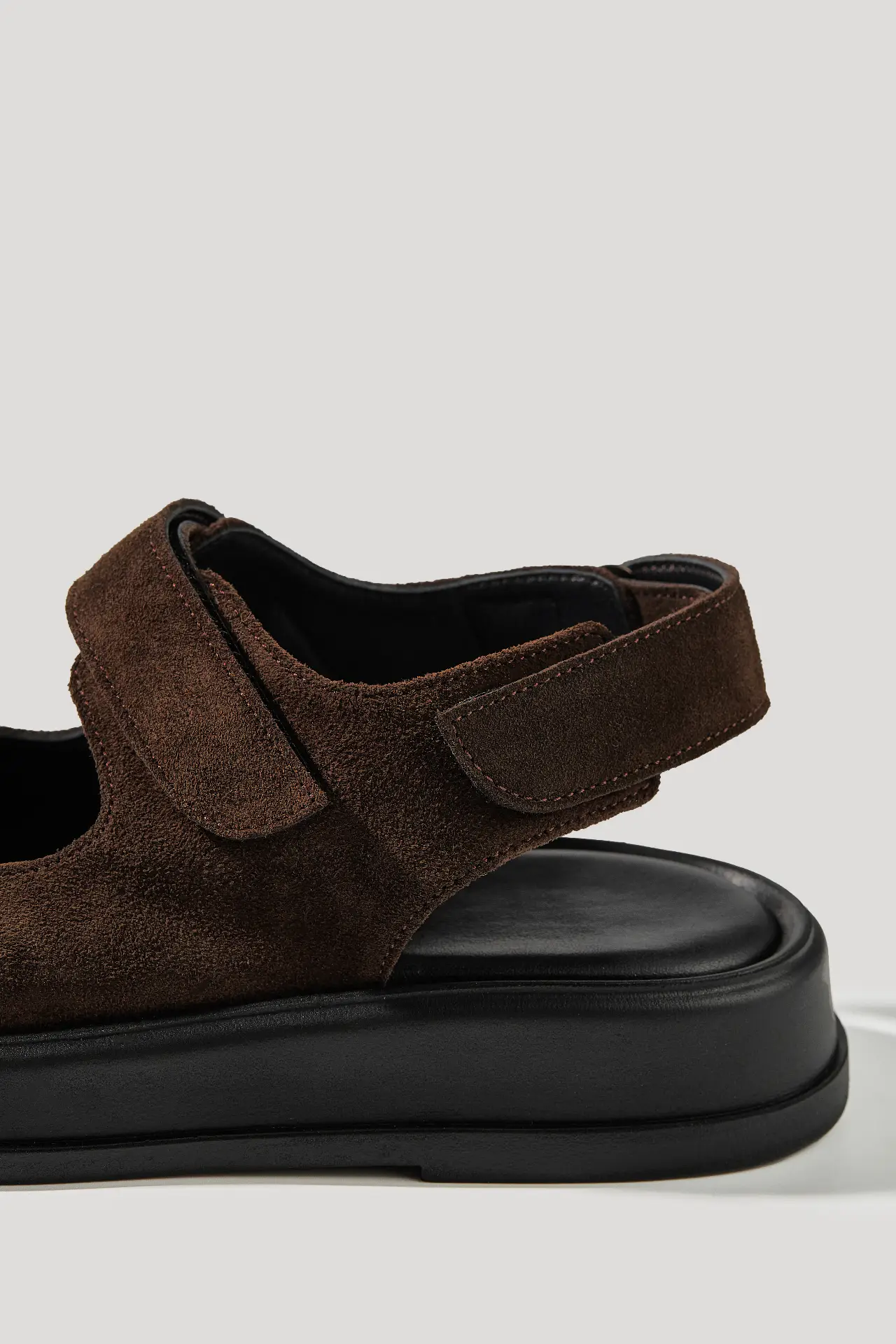 Chocolate suede sandals with hook-and-loop straps