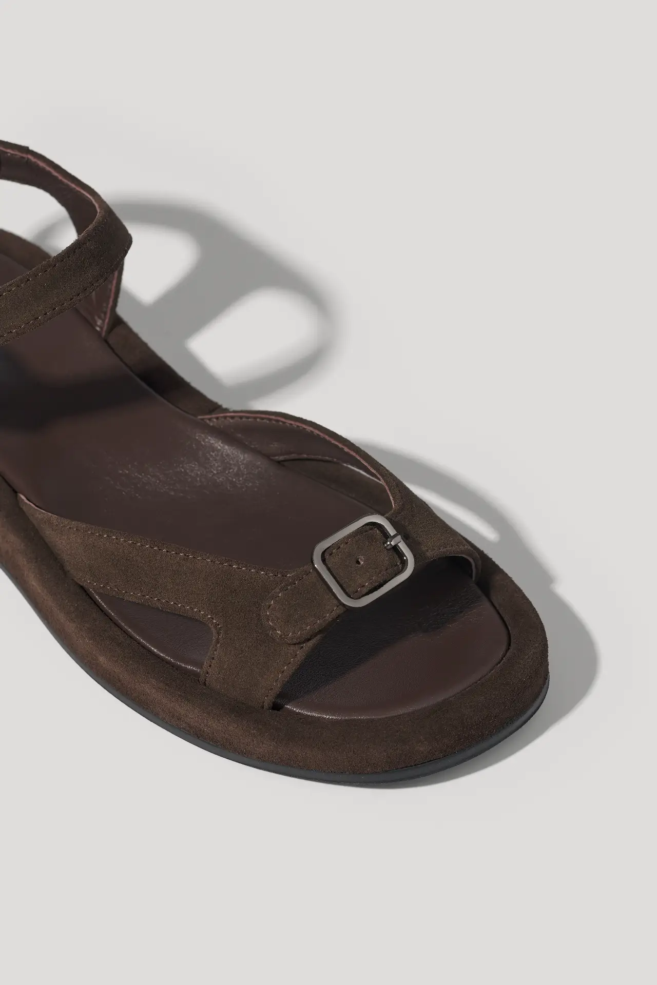 Chocolate suede sandals with an adjustable strap