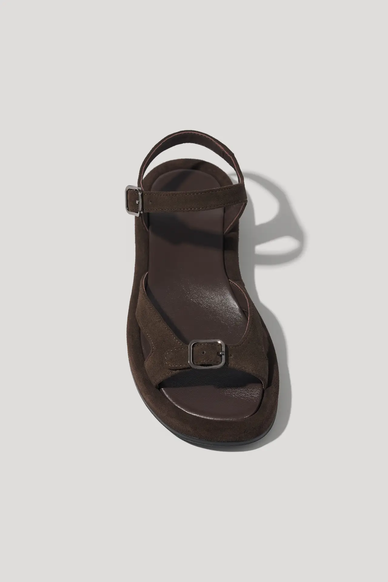 Chocolate suede sandals with an adjustable strap