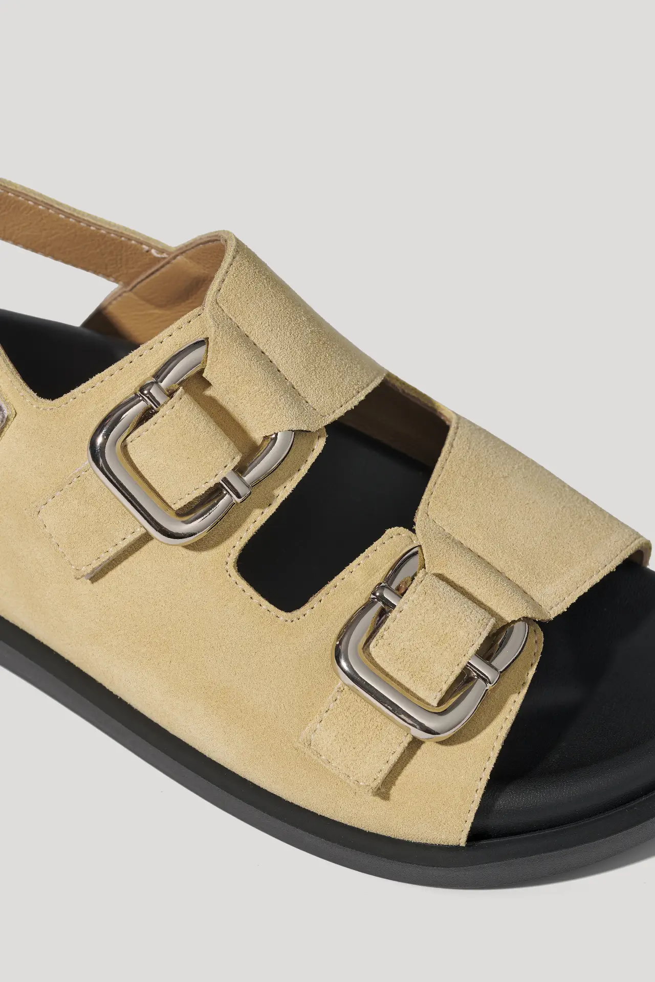 Butter yellow suede sandals with chunky hardware and hook-and-loop straps