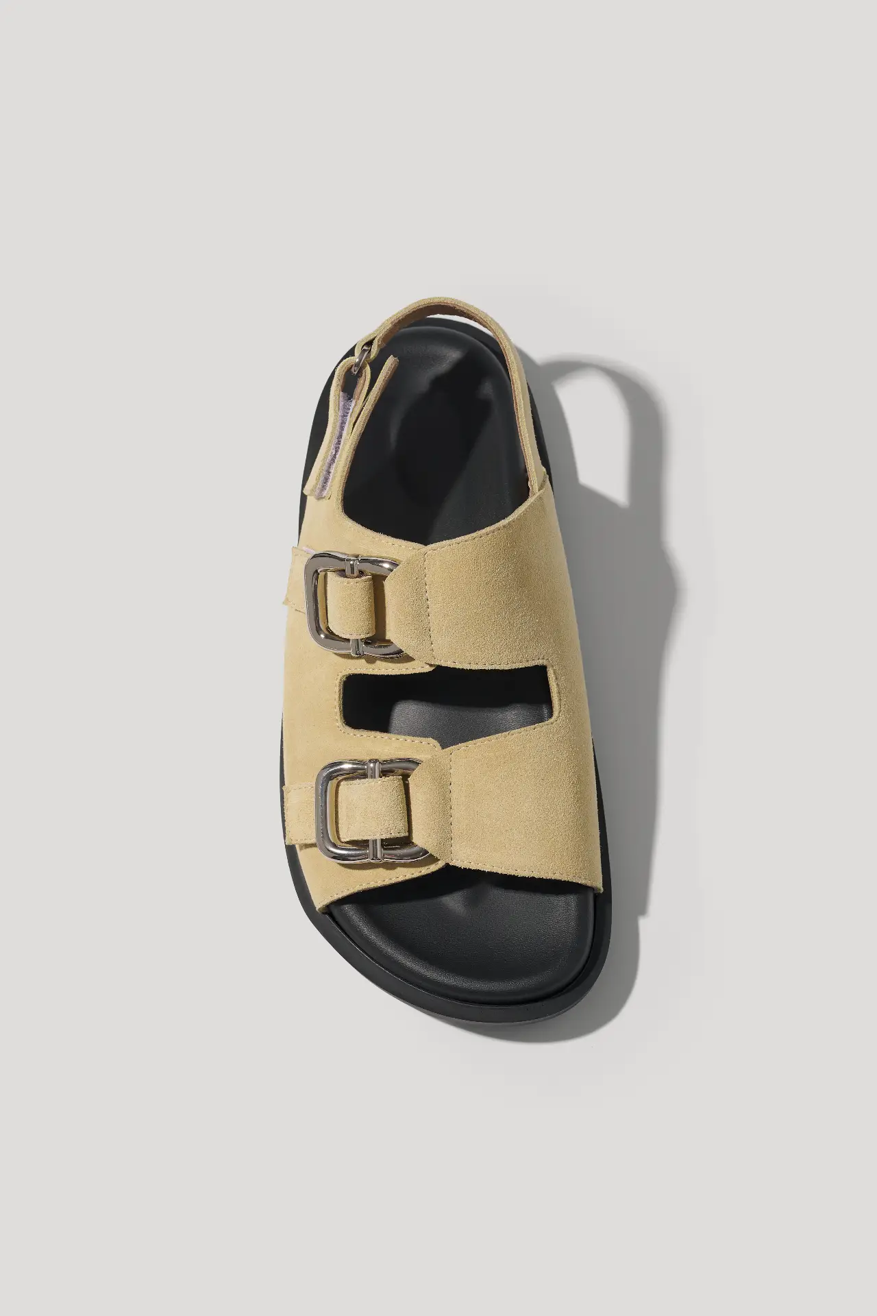 Butter yellow suede sandals with chunky hardware and hook-and-loop straps