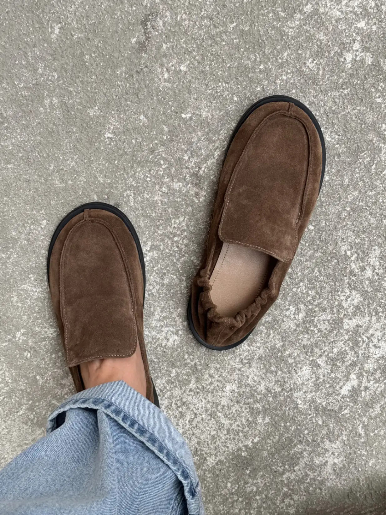 Peat-colored suede loafers with elastic