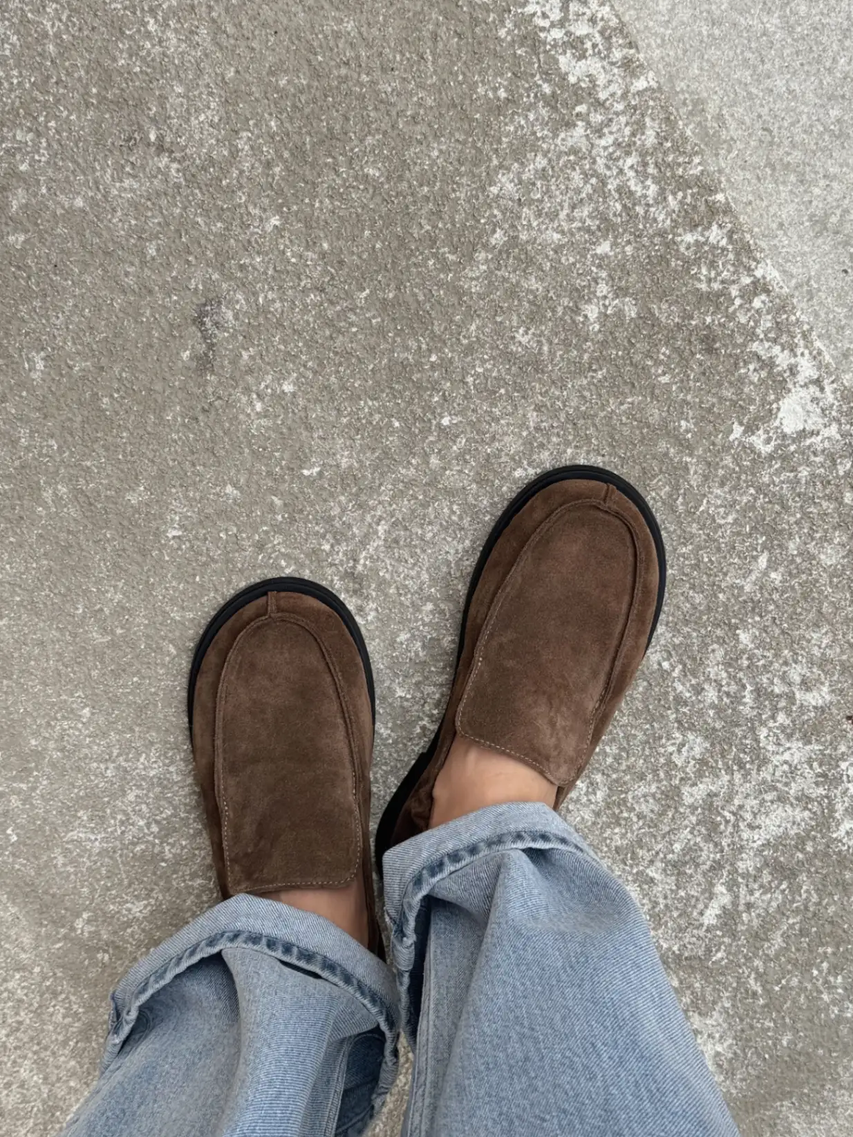Peat-colored suede loafers with elastic