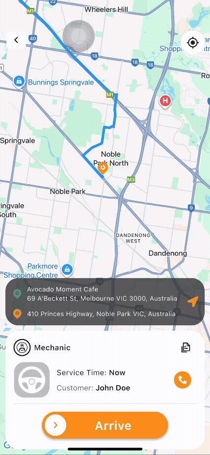Arrive button when at location