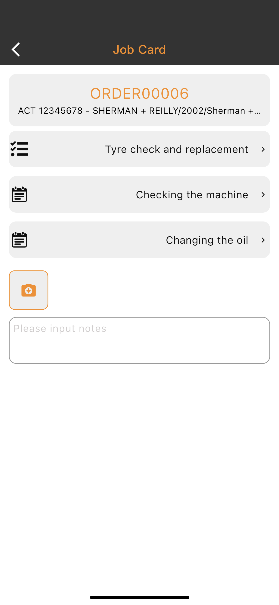 Jobcard view showing order details and tasks