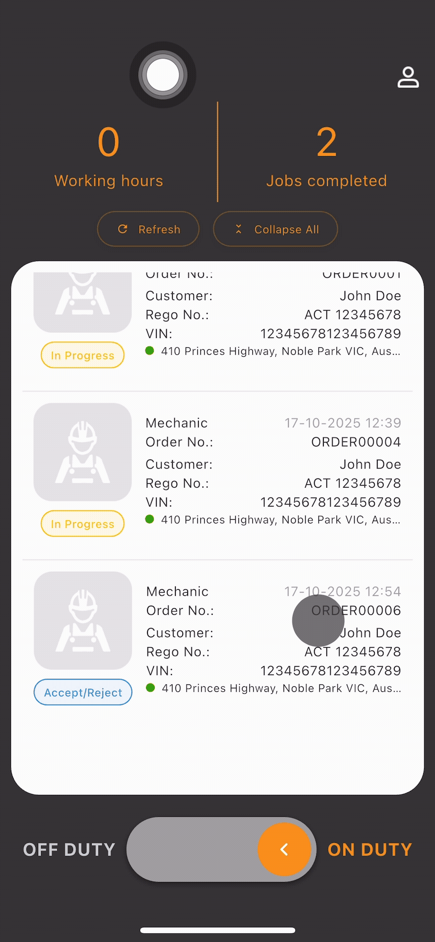 Tapping on a job card to open it