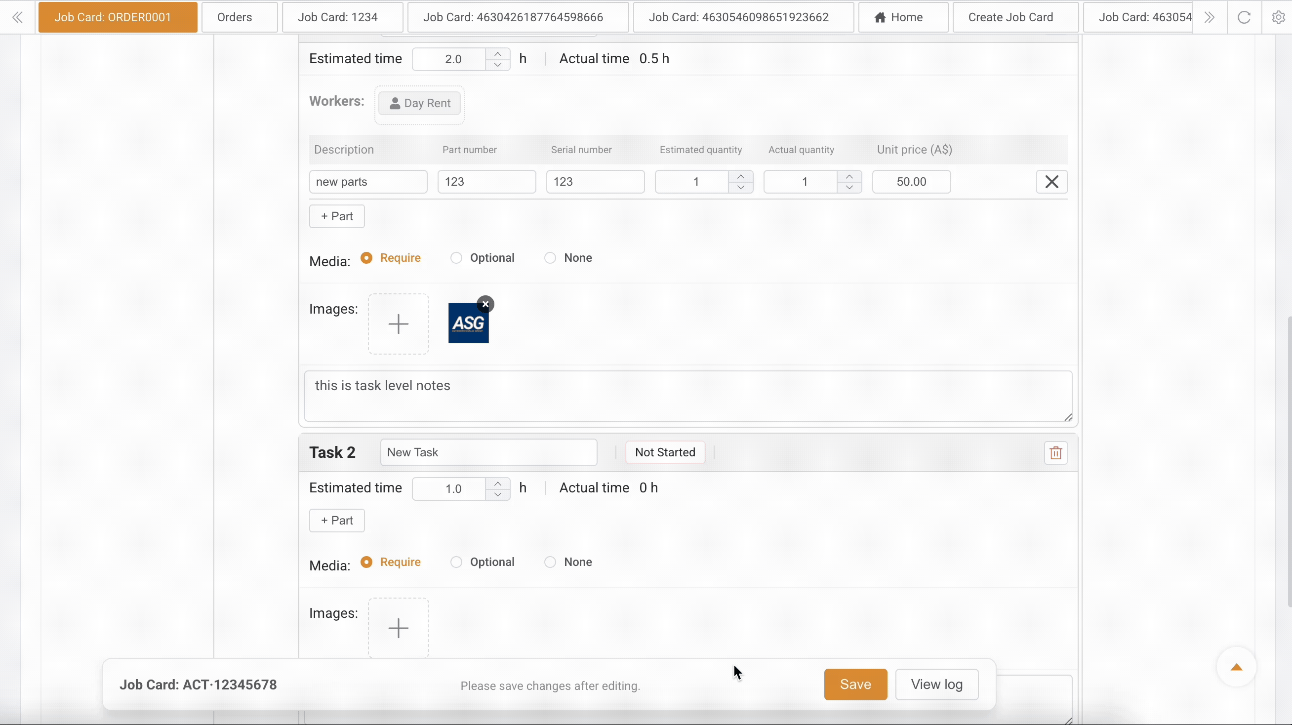 Adding notes to job card and tasks