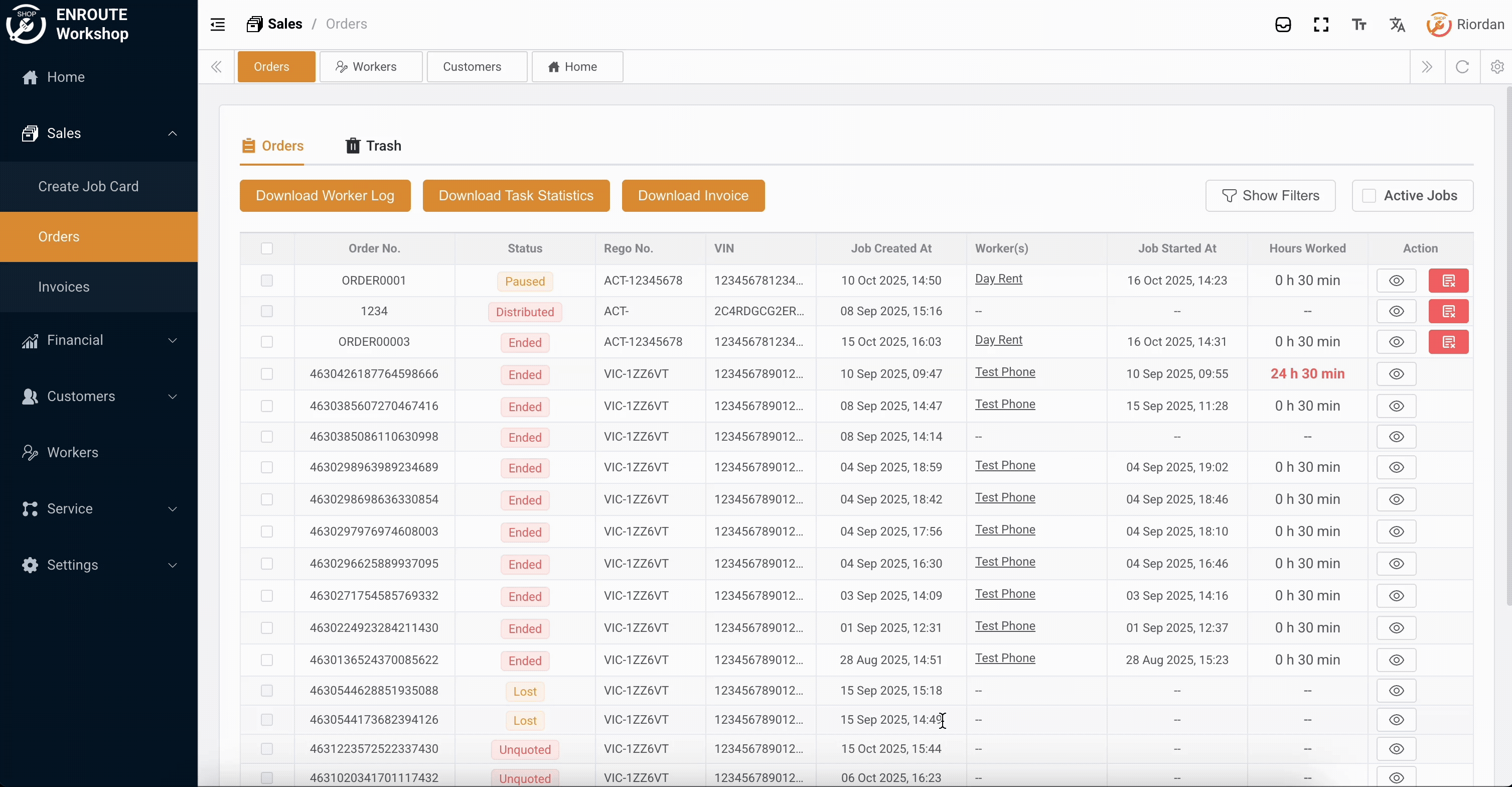 Using filters to search for job cards