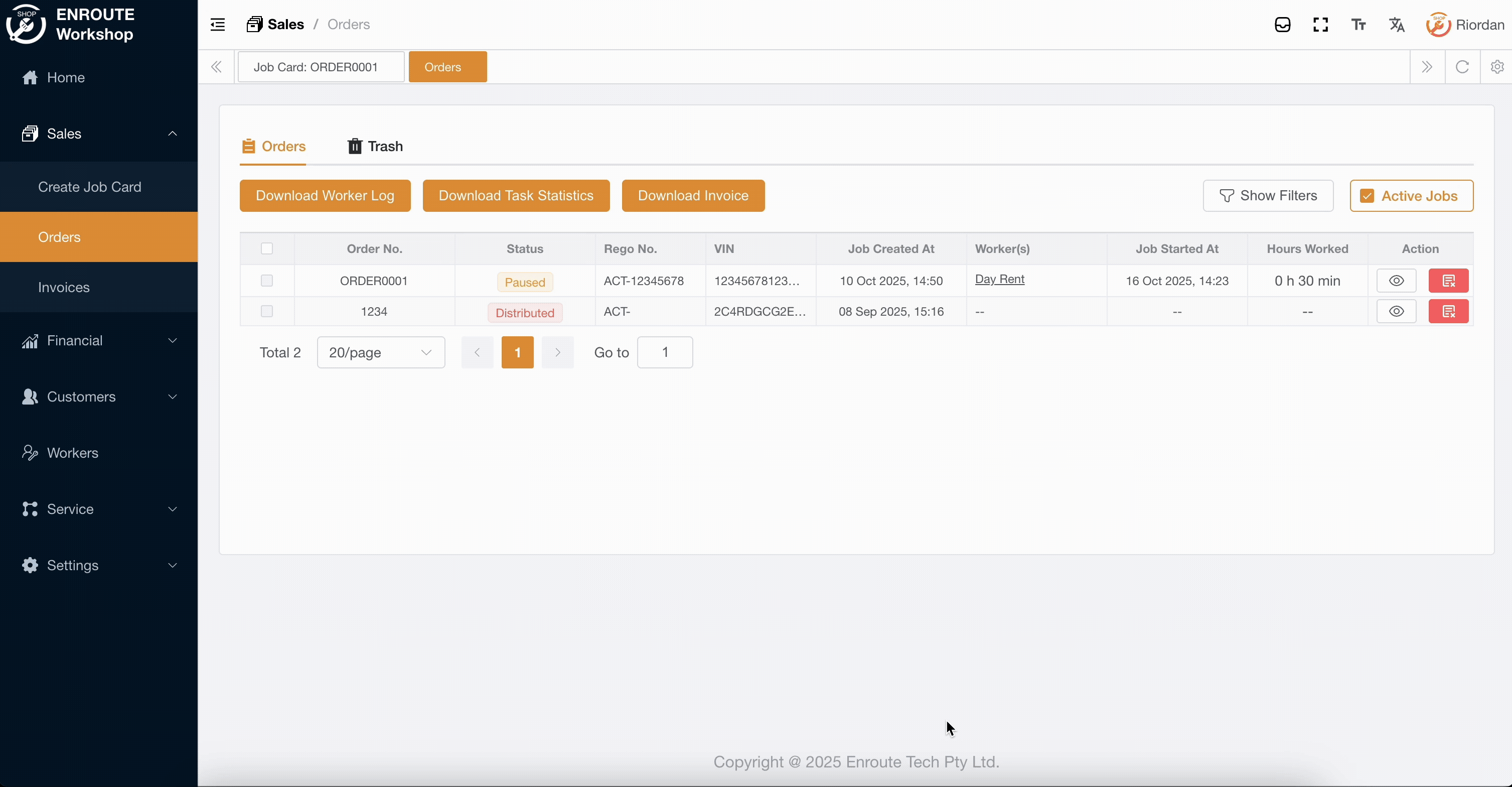 Opening a job card from the orders list