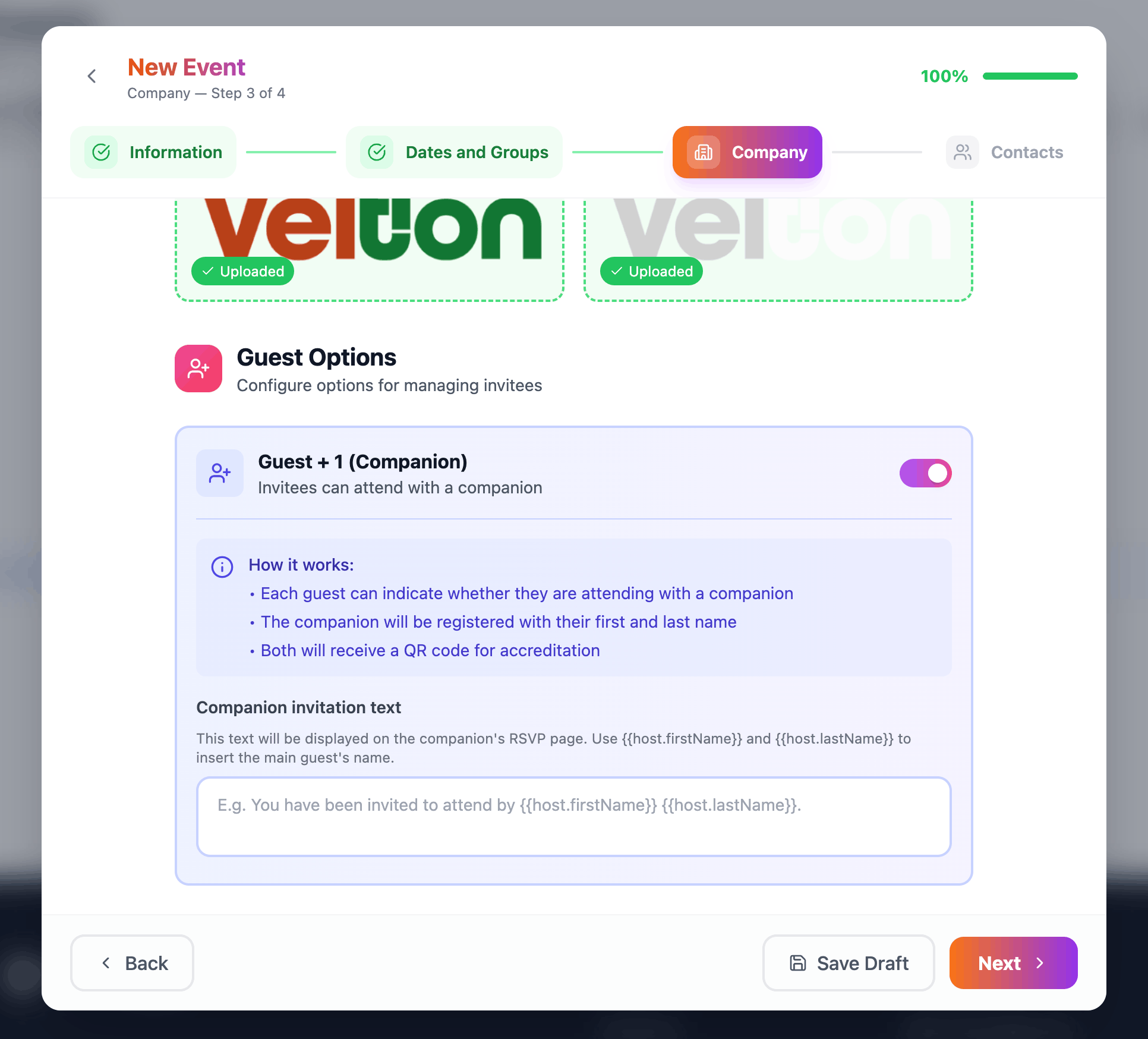 Abilita la funzione accompagnatore e personalizza il messaggio di invito.
