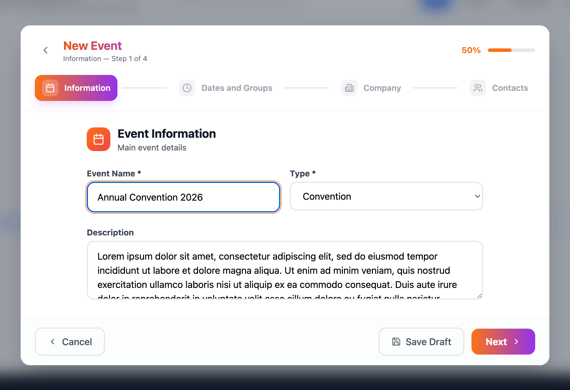 Step 1: inserisci nome, tipologia e descrizione dell'evento.