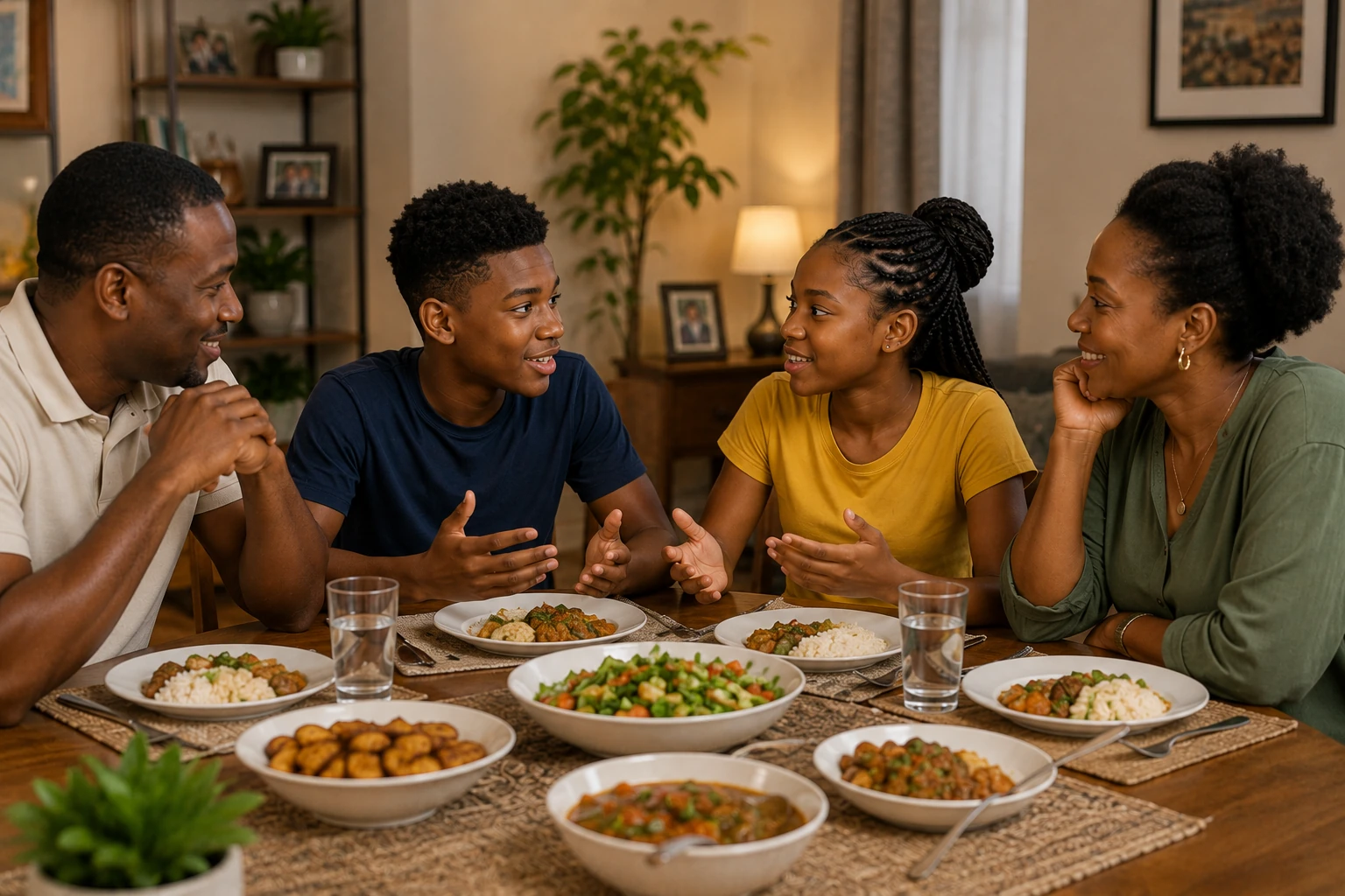Parent and teen having dinner conversation