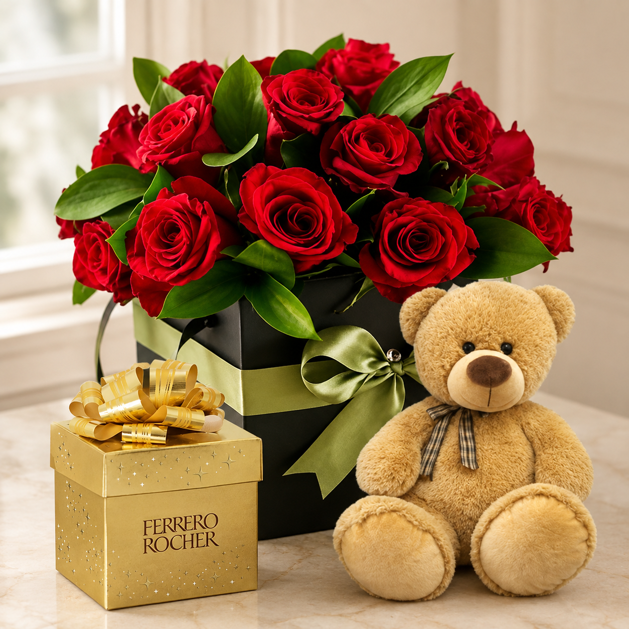 COMBO CAJA 12 ROSAS , PELUCHE Y FERRERO