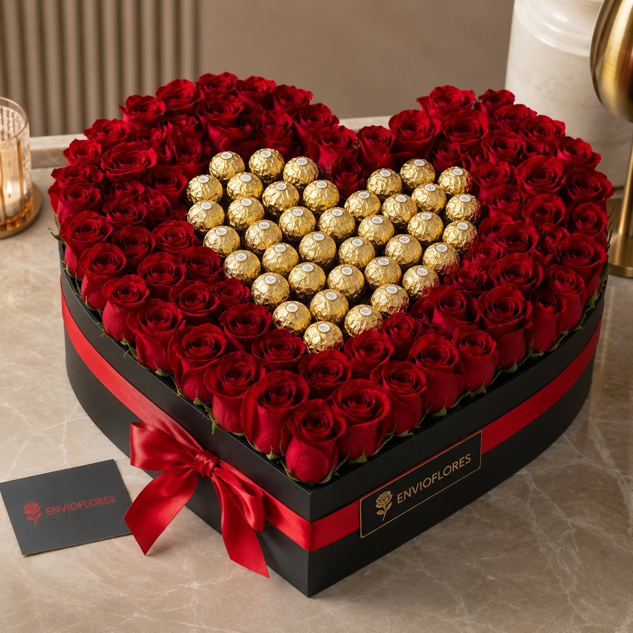 Caja Corazon con Rosas y Ferrero Rocher