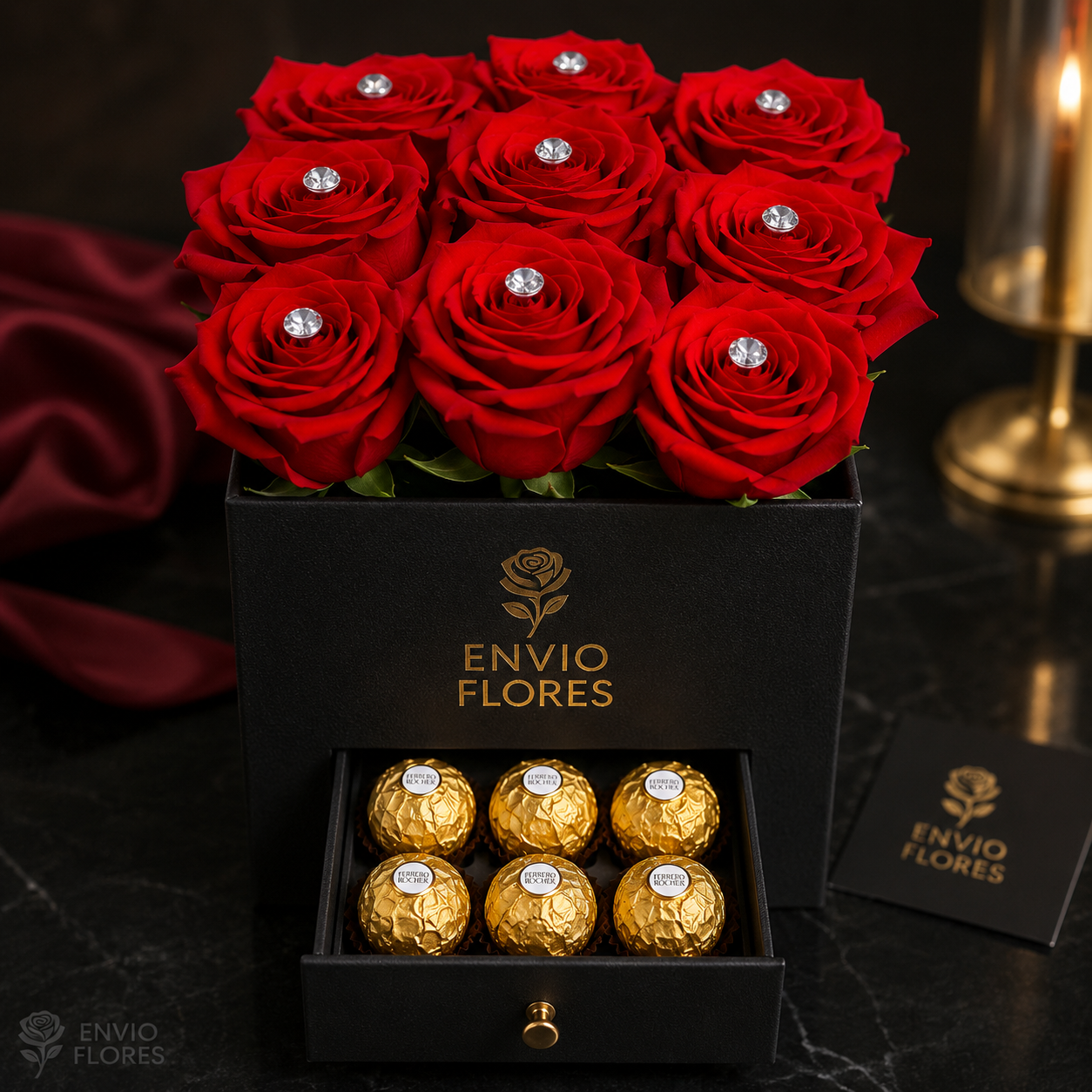 Caja con Rosas Diamante con Sorpresa de Ferrero Rocher