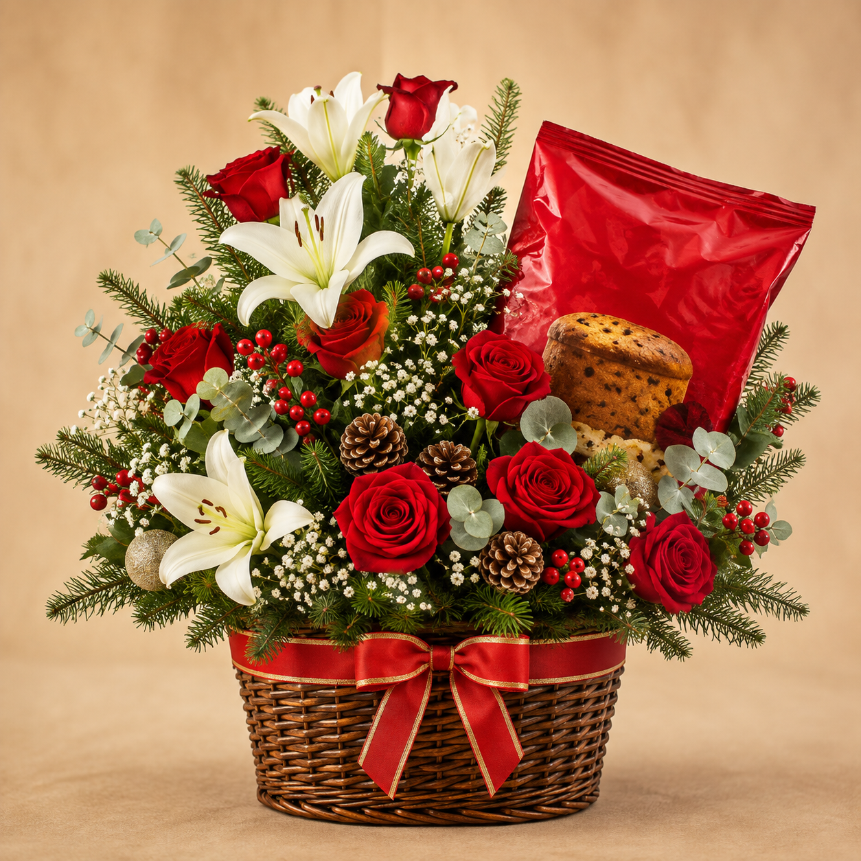 Canasta con rosas , Lilium y Pan dulce