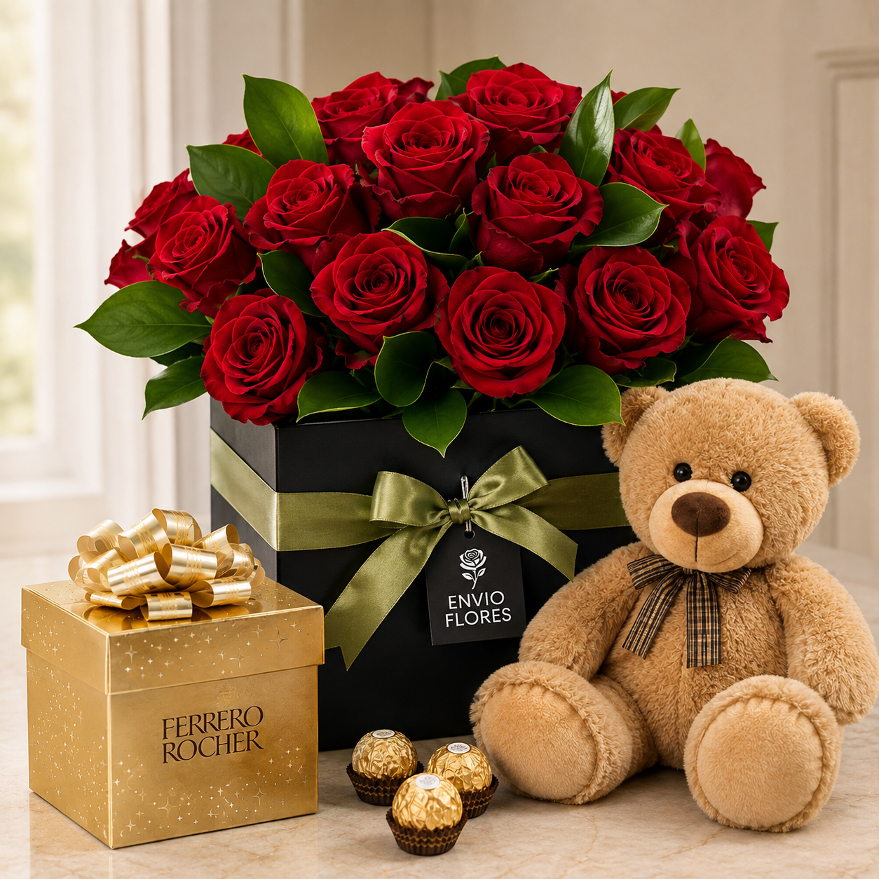 Combo Caja 12 Rosas, Peluche y Ferrero