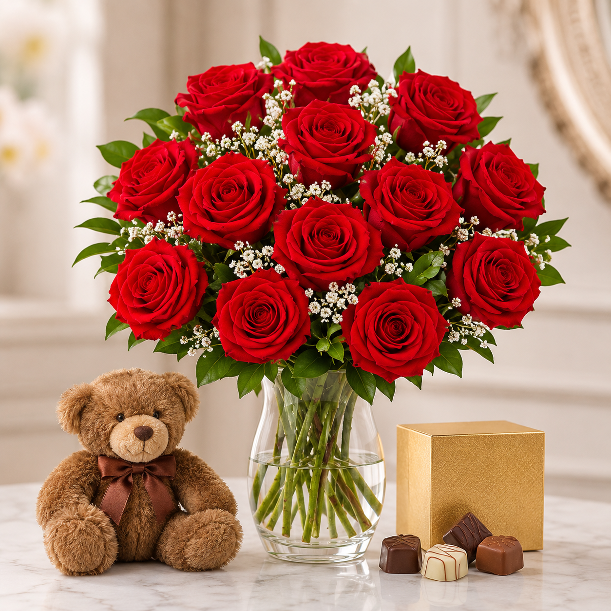 Florero de Rosas con chocolates y peluche