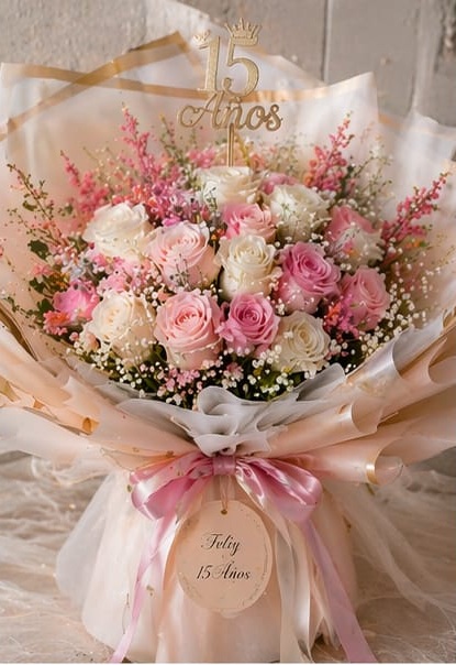 Ramo de 15 rosas blancas y rosadas 