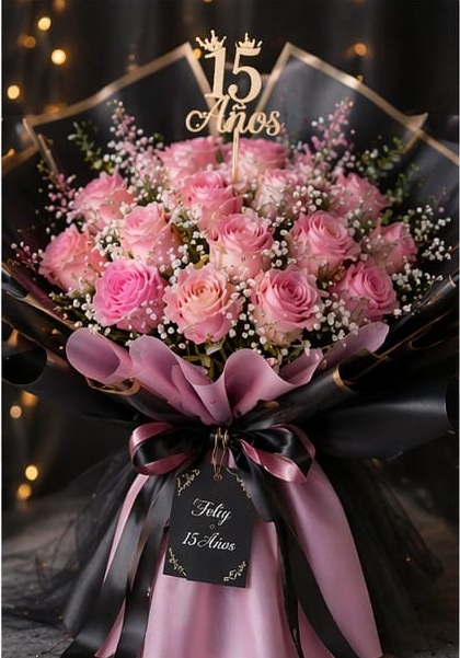Ramo de 15 rosas rosadas papel negro 