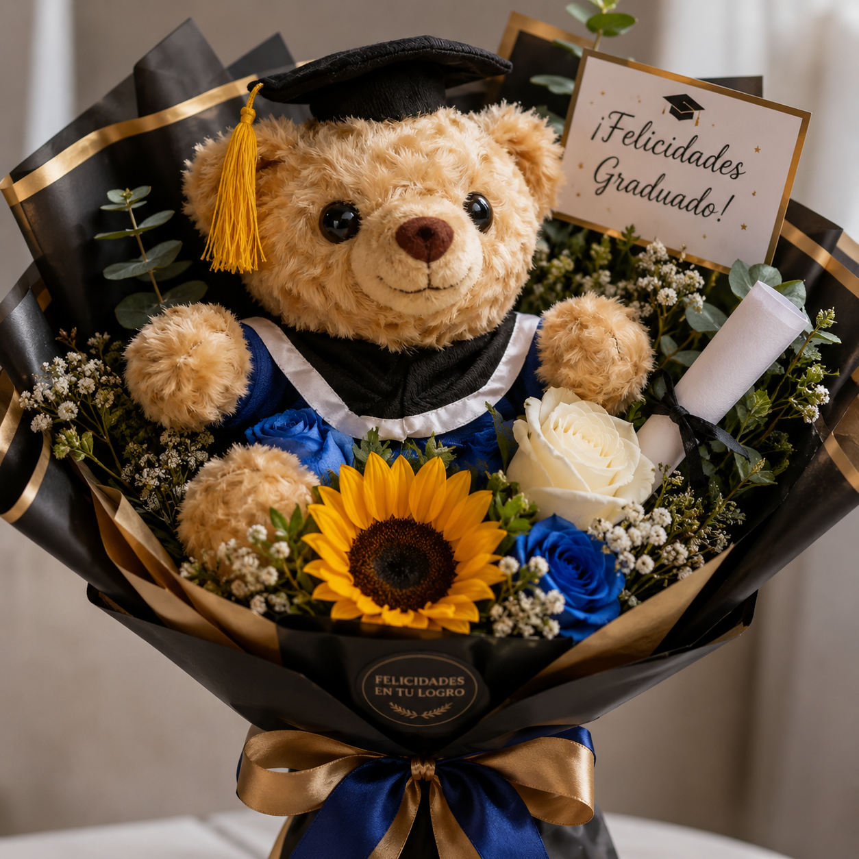 Ramo de Graduacion con peluche y flores surtidas