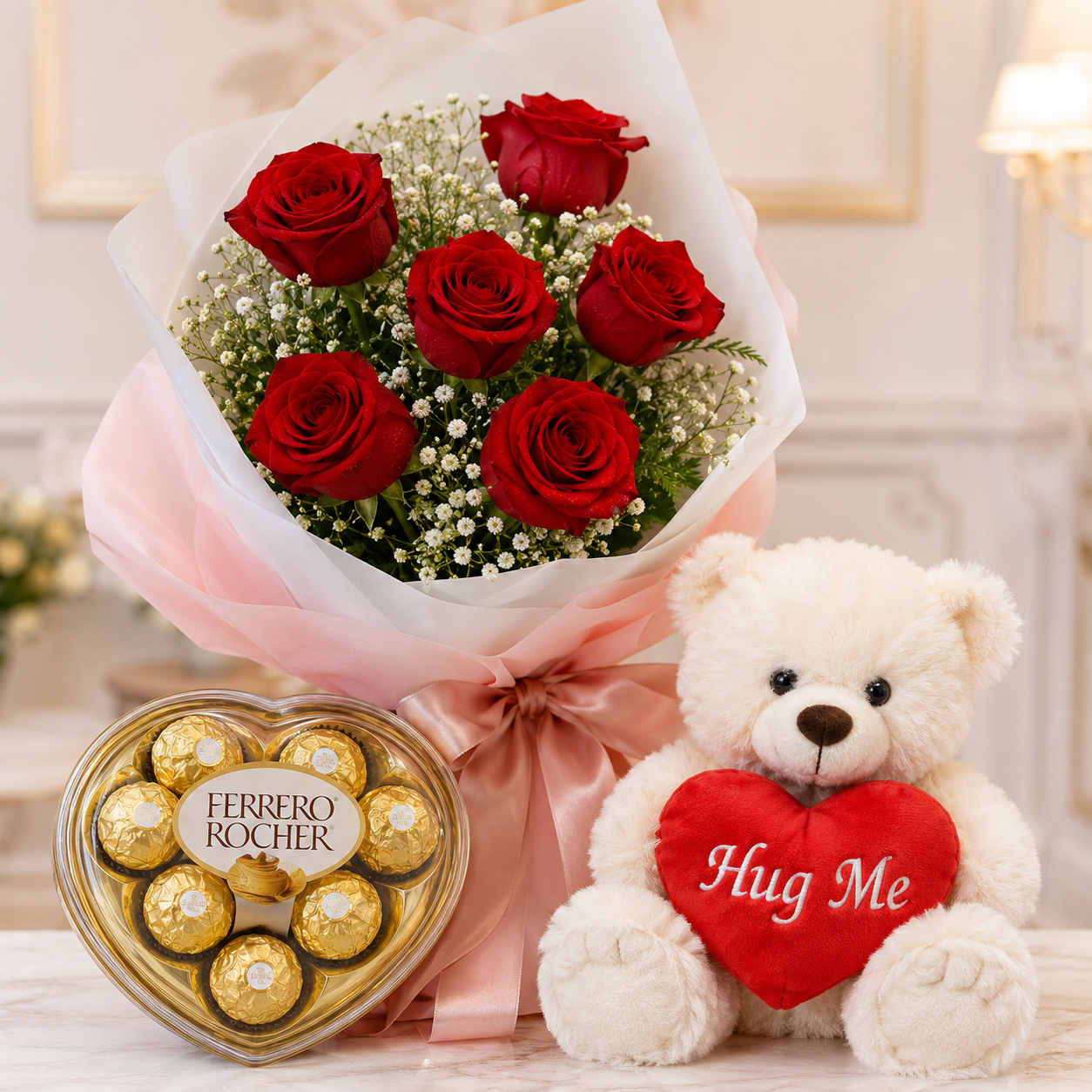 Ramo de Rosas c/ Peluche + Ferrero Rocher