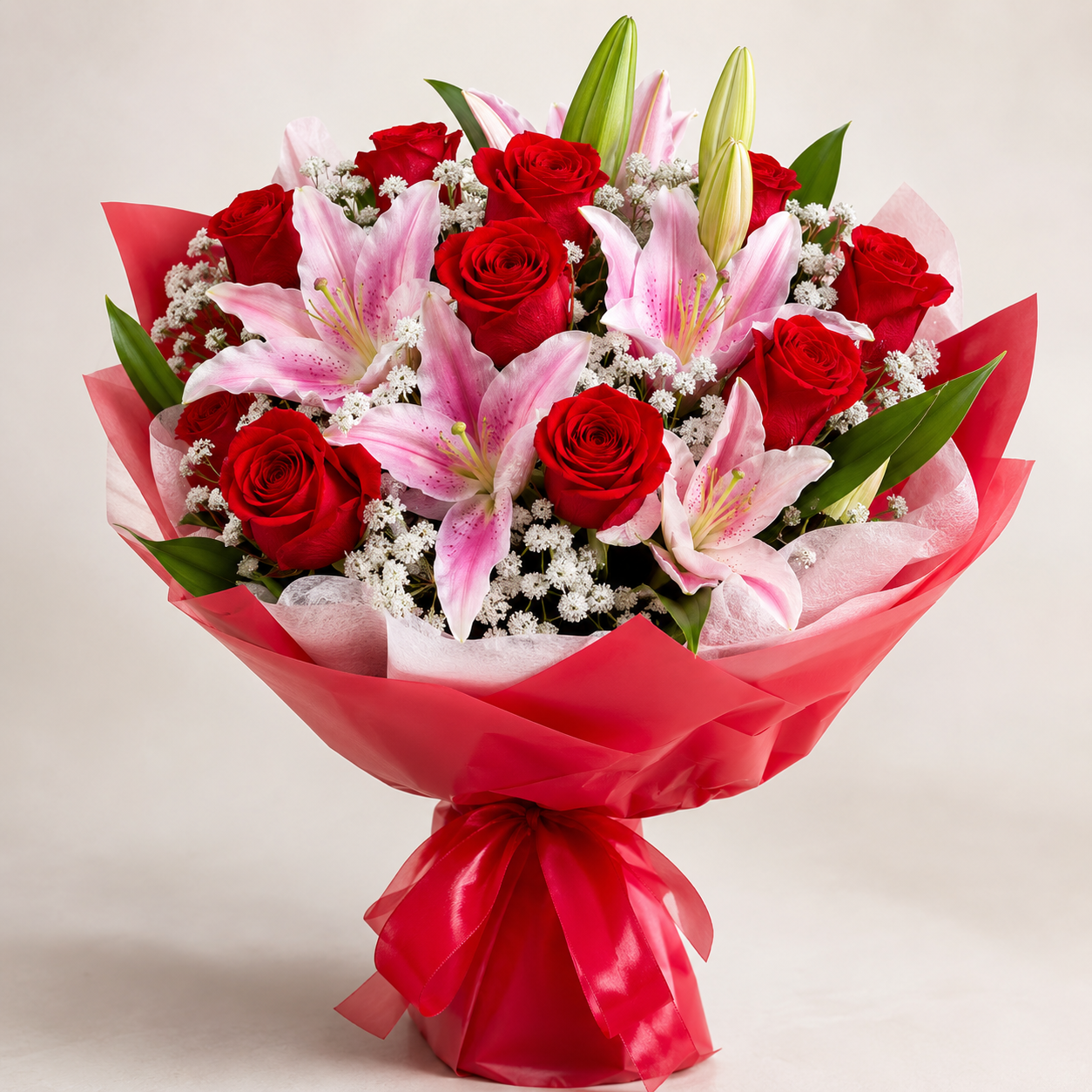 Ramo rosas rojas lilium rosado  y gypso