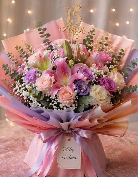 RAMO SURTIDO CON ROSAS Y LILIUM PARA 15 AÑOS