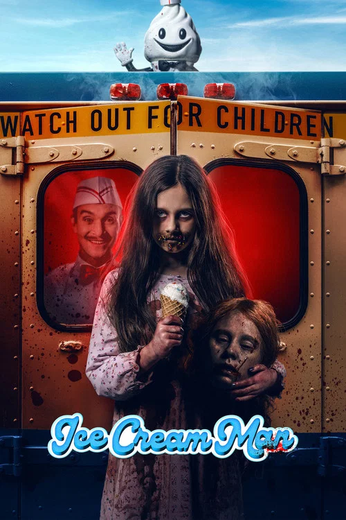 An ominous ice cream truck parked in a darkening neighborhood