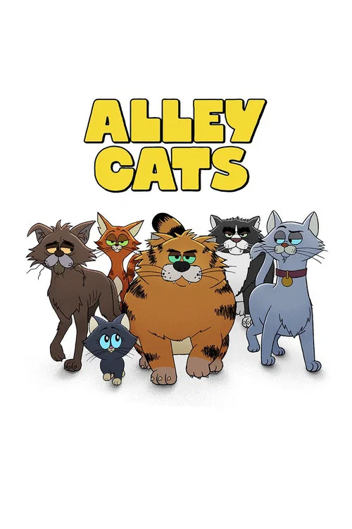 Animated depiction of feral cats causing chaos in an urban scene.
