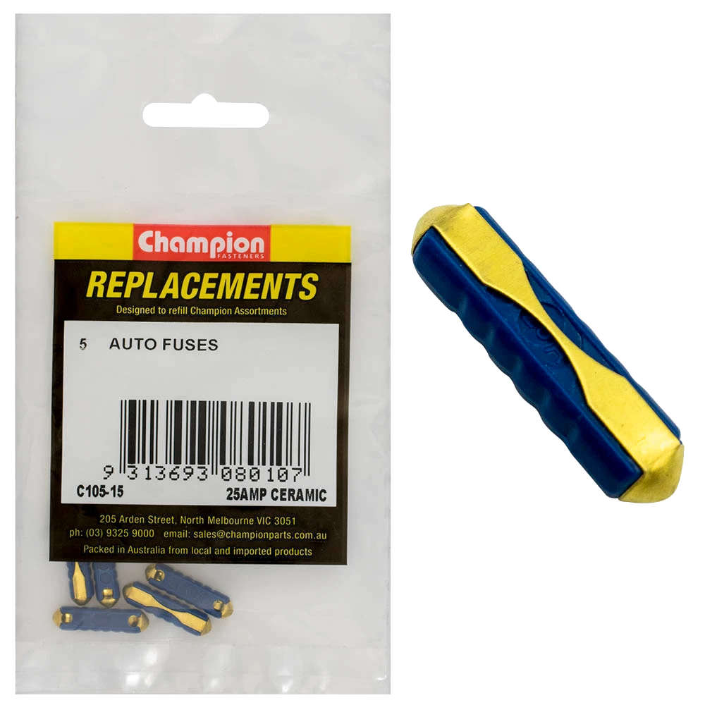 Champion 6Ac 25Amp Ceramic (Euro) Fuse -5pk