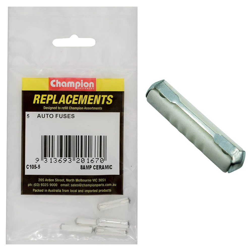 Champion 6Ac 8Amp Ceramic (Euro) Fuse -5pk