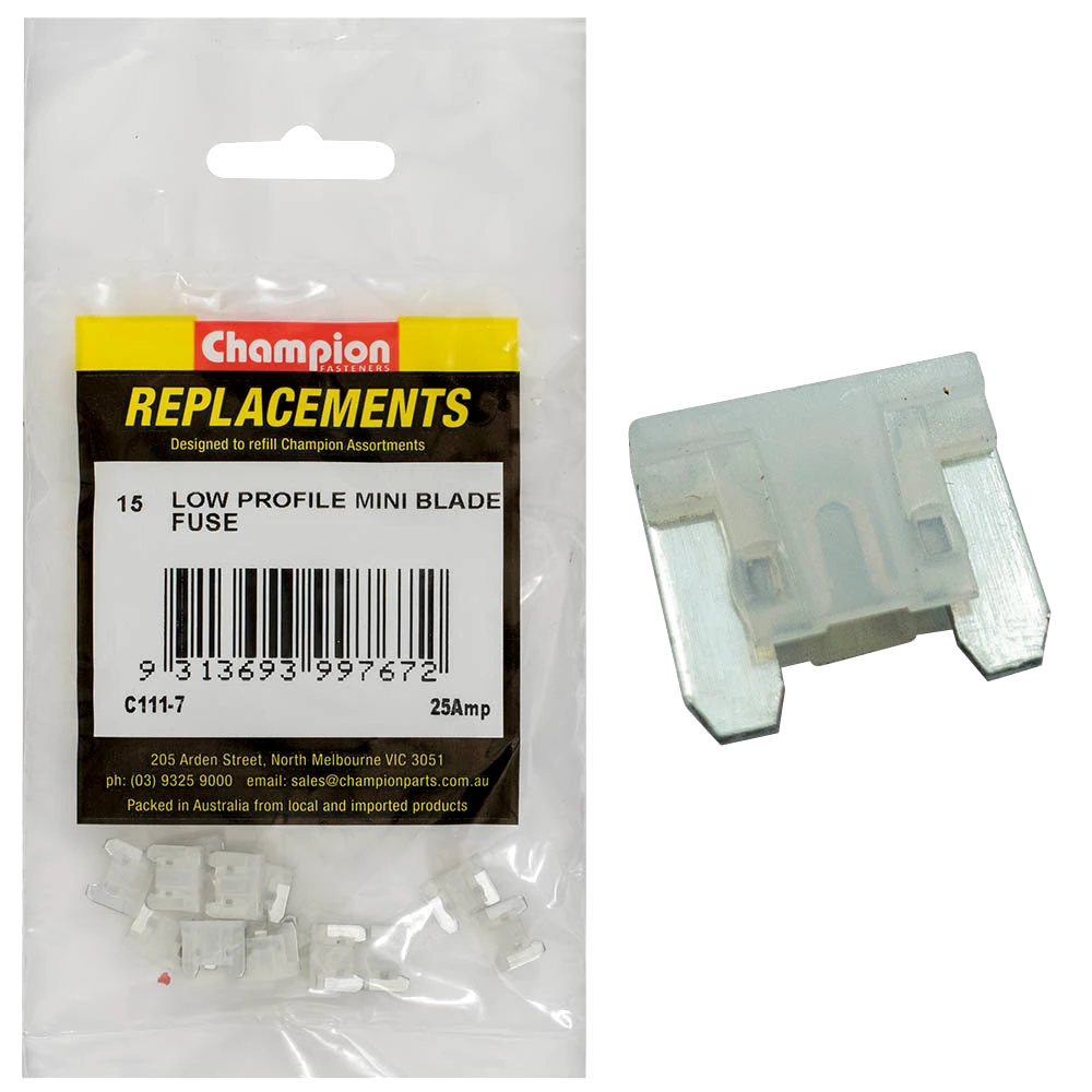 Champion 25Amp Low Profile Mini Blade Fuse (Clear) -15pk