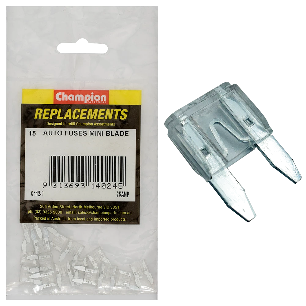Champion 25Amp Mini Blade Fuse (Clear) -15pk