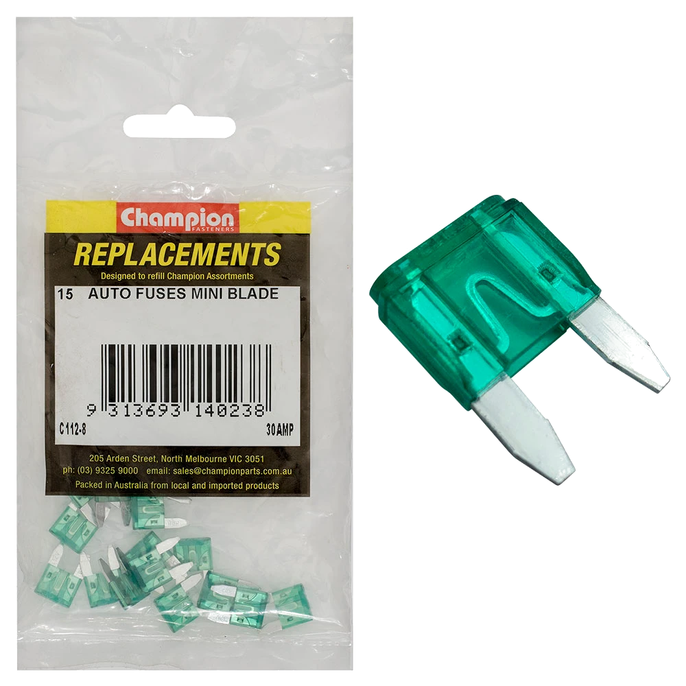 Champion 30Amp Mini Blade Fuse (Green) -15pk