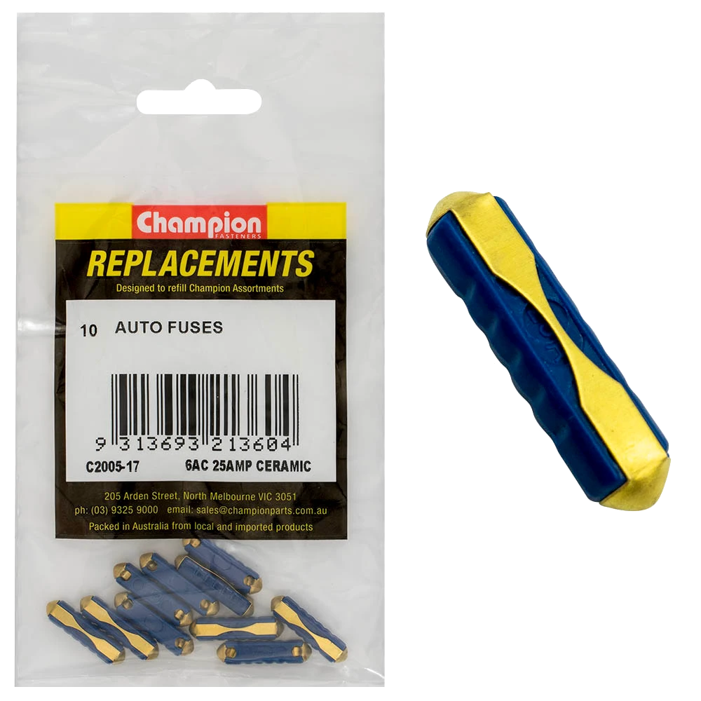 Champion 6Ac 25Amp Ceramic (Euro) Fuse -10pk