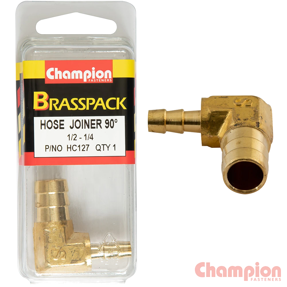 Champion Hose Joiner 90 deg Barb Elbow Reducer Brass 1/2-1/4