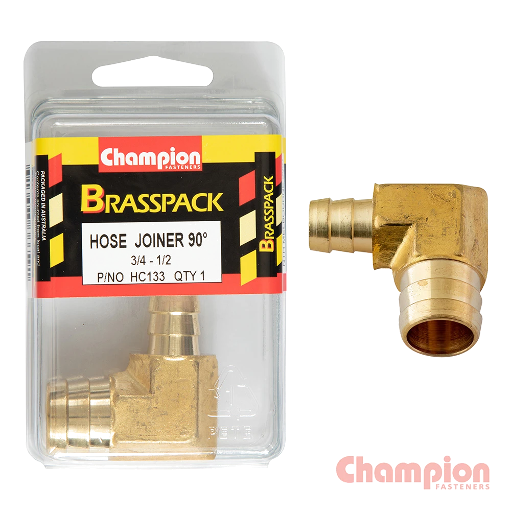 Champion Hose Joiner 90 deg Barb Elbow Reducer Brass 3/4-1/2