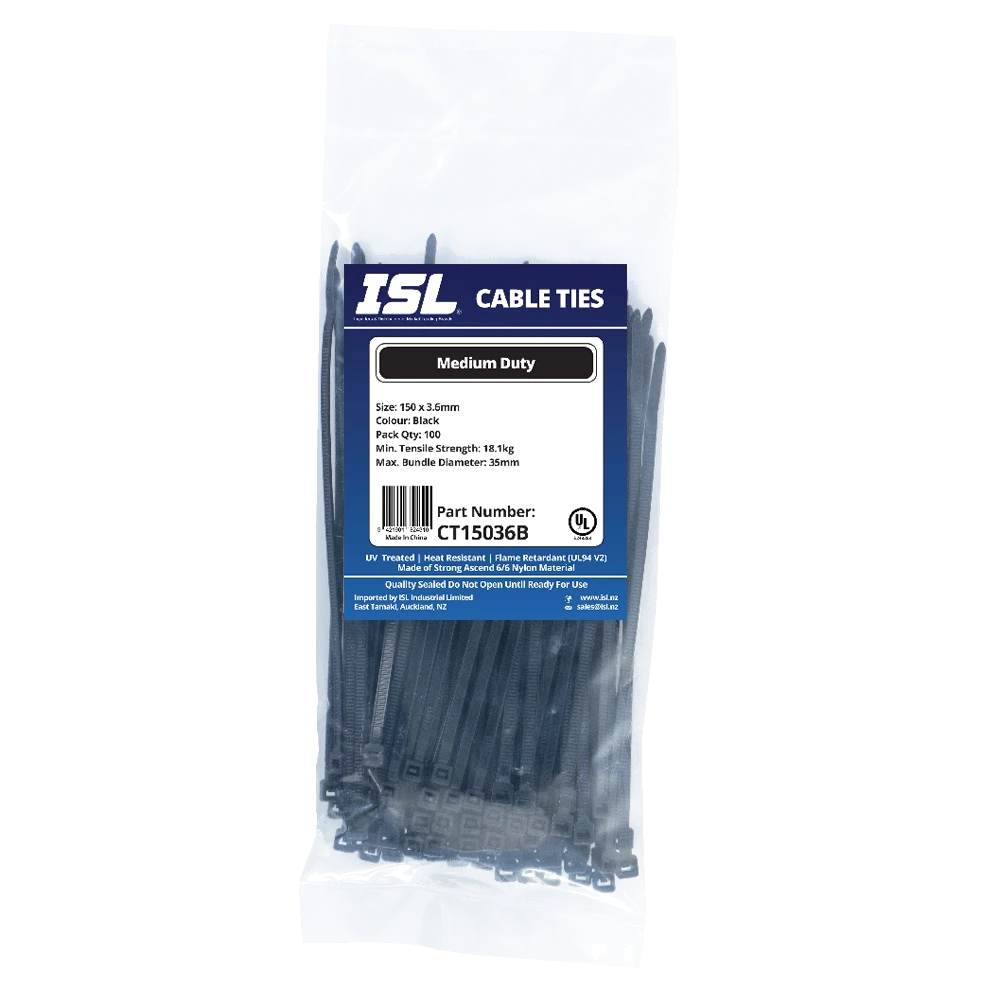 ISL 150 x 3.6mm UV Nylon Cable Tie - Blk. - 100pk