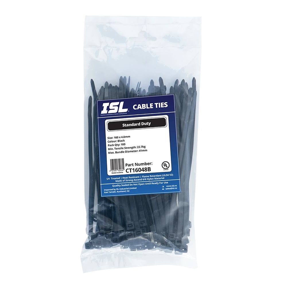 ISL 160 x 4.8mm UV Nylon Cable Tie - Blk. - 100pk